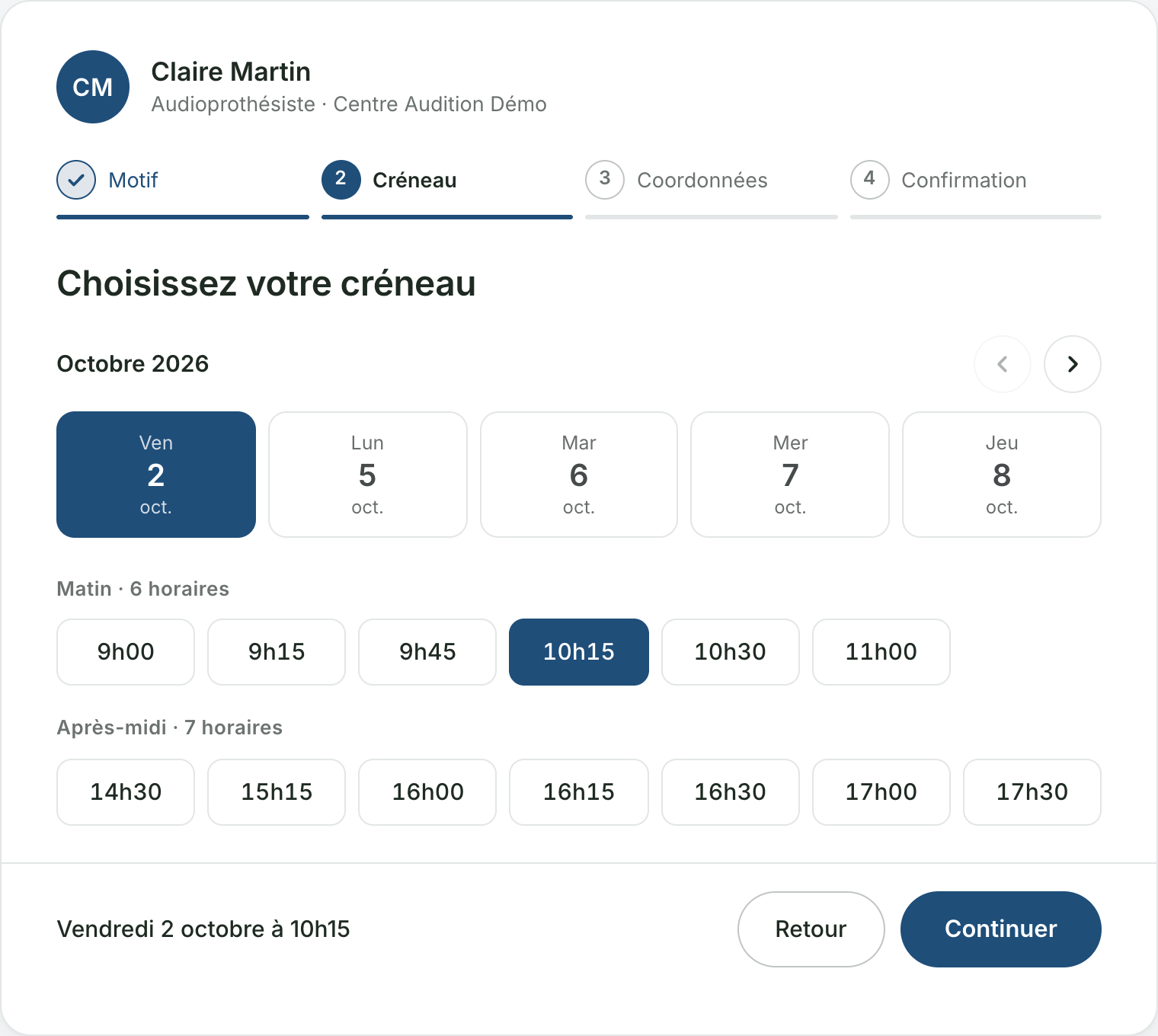 Le module de réservation : choix du créneau