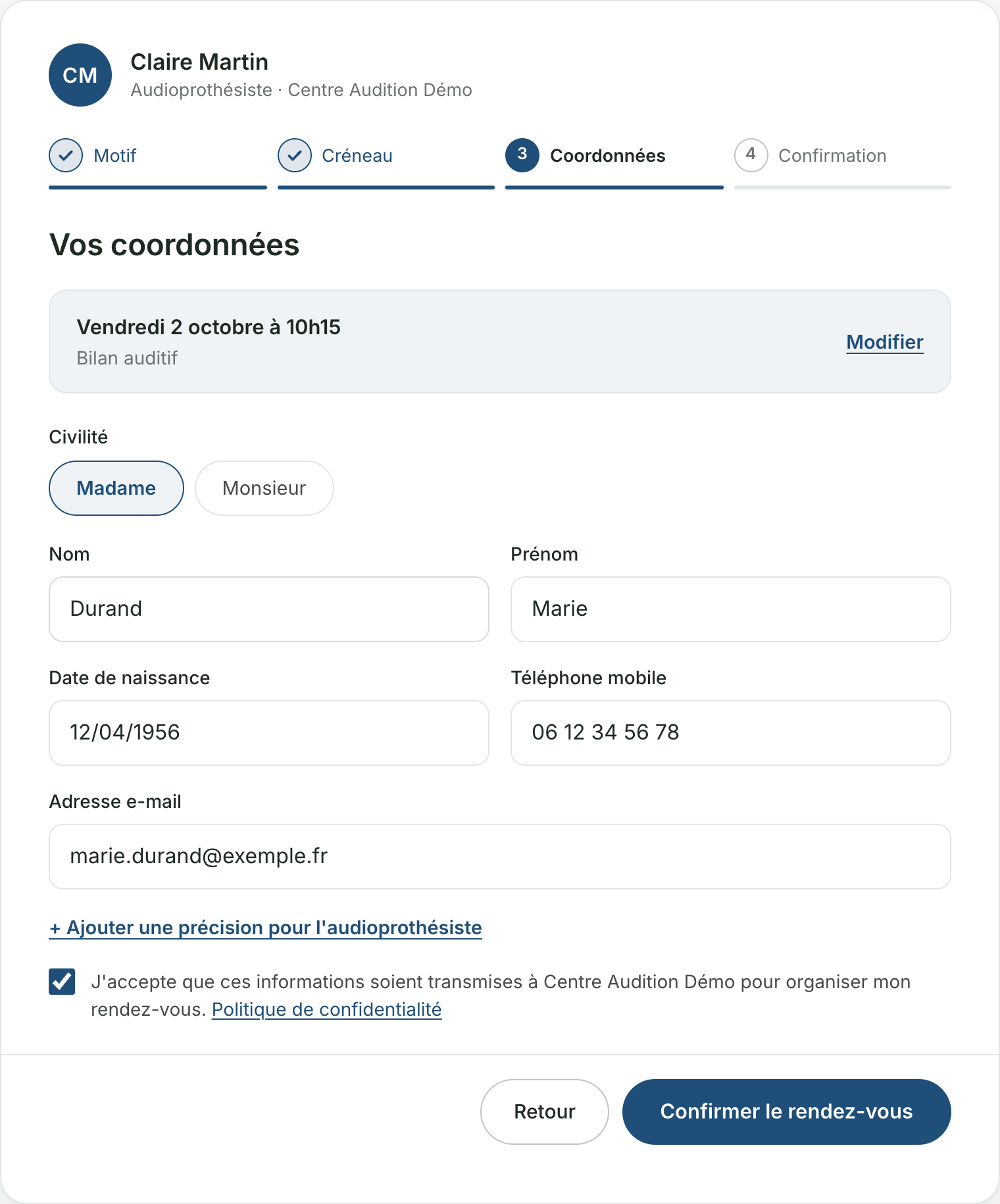 Étape 3 : coordonnées du patient